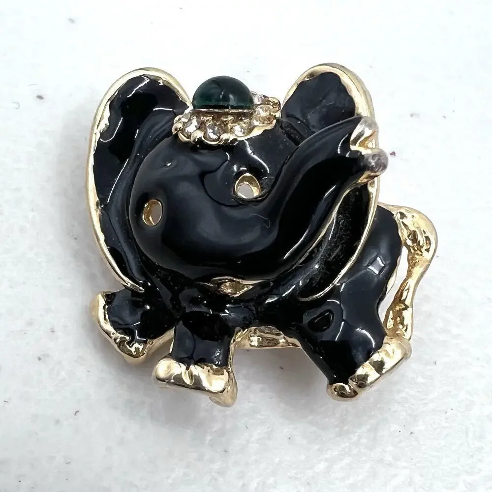 Vintage Unique Circus Elephant Gold Tone & Black Enamel Rhinestone Pin Brooch
